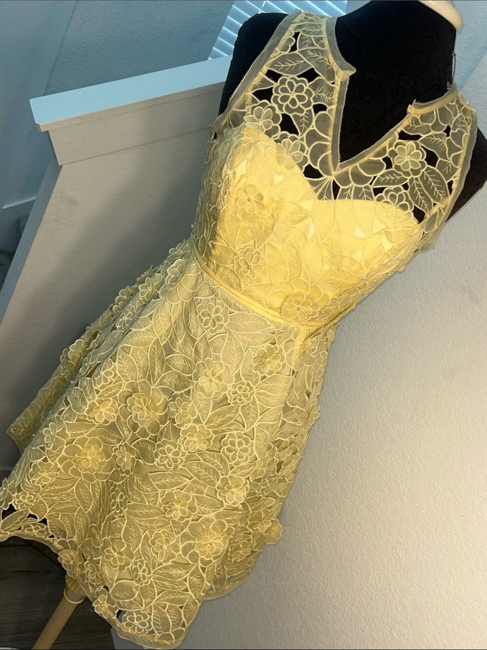 Yellow Floral Lace Halter Mini Dress